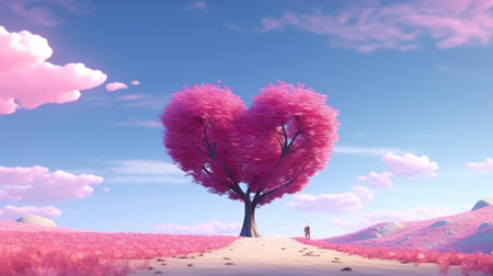 Pink heart tree in the field. 3D rendering. Valentine's dayの素材