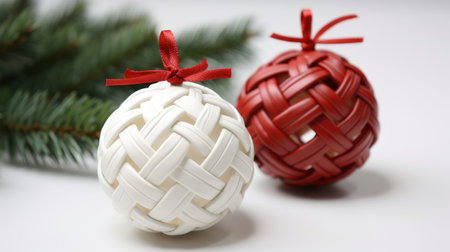 Christmas balls and fir branch on a white background. Close up.の素材