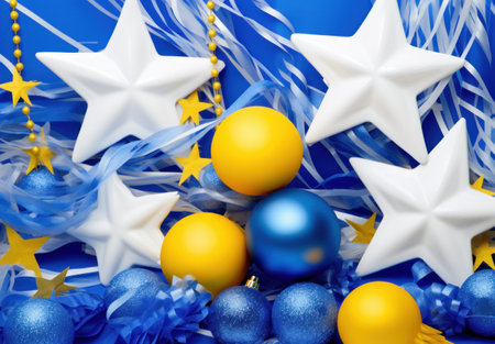 Celebration background with blue and white stars, confetti and ribbonsの素材