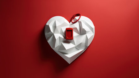 White paper heart with a red button on a red background. Valentine's day conceptの素材