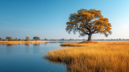 Lonely tree on the bank of the Okavango Delta, Botswanaの素材