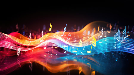 Music notes on the black background. 3d rendering, 3d illustration.の素材