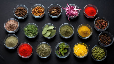 Variety of spices in bowls on black background, top view.の素材