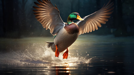 Mallard duck flying in the air over a pond at nightの素材