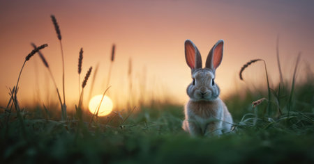 Rabbit in the meadow at sunset. Animal in nature.の素材