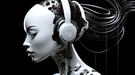3d rendering of a female robot listening to music with headphones.の素材