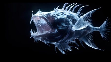 Angry fish on a black background. 3d rendering. Computer digital drawing.の素材