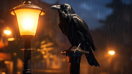 Crow on street lamp in the rain at night. Dark backgroundの素材