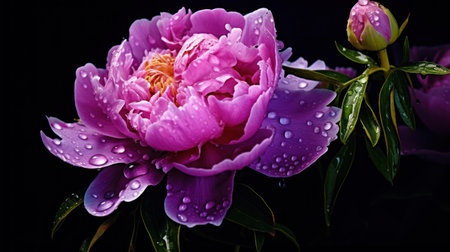 Beautiful pink peony flower with water drops on a black backgroundの素材