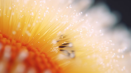 Macro shot of a yellow and orange flower with dew dropsの素材