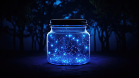Glowing lights in glass jar on dark forest background 3D renderingの素材