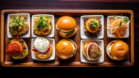 Variety of mini burgers in wooden tray on wooden table. Top viewの素材