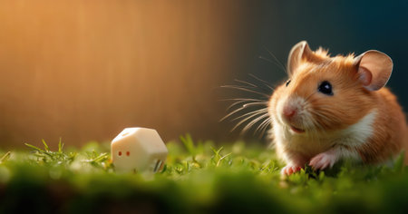 Hamster and dice on green grass with bokeh background.の素材