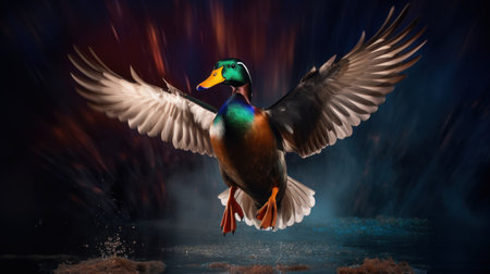 Beautiful mallard duck flying in the night. 3d renderingの素材