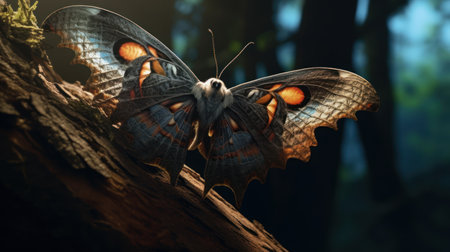 Beautiful butterfly on a tree in the forest. 3D rendering.の素材