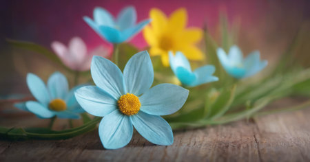 Blue and yellow spring flowers on wooden background with bokeh effectの素材