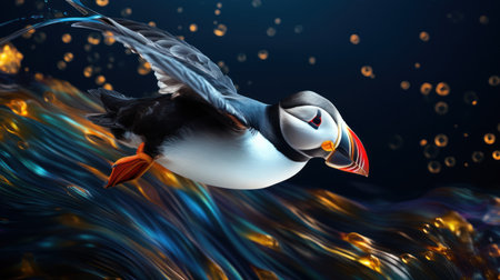 Puffin flying over the sea. 3d render illustration.の素材