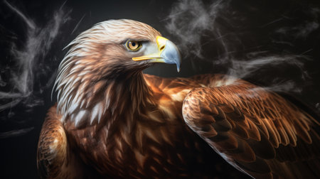 Golden Eagle on a black background with smoke. 3d rendering.の素材