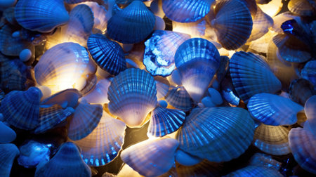 Seashells on the beach at night, close-upの素材