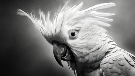 Portrait of a white parrot on a dark background. Black and white photo.の素材