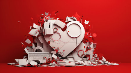 3d rendering of broken heart surrounded by paper objects on red backgroundの素材