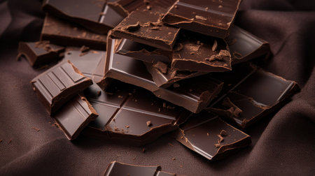 Pieces of dark chocolate on a brown background, close-upの素材