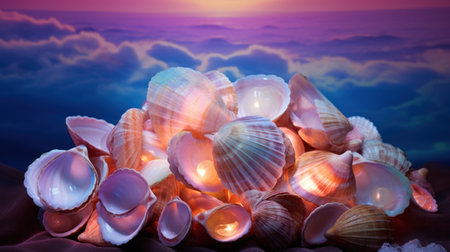 Sea shells with candles on the background of the sea and sky.の素材