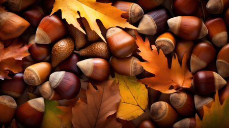 Autumn background with acorns and oak leaves. Top view.の素材