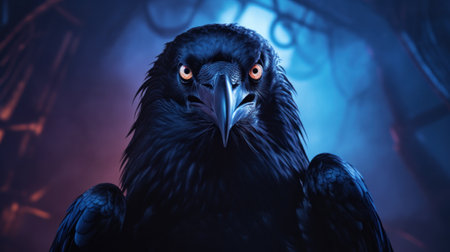 Black raven on a dark background. 3d rendering, 3d illustration.の素材
