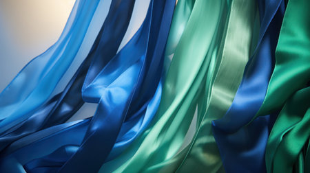 Closeup of blue, green and white silk satin fabric.の素材