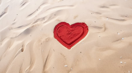 Red heart on the beach with sand background. Valentines day conceptの素材