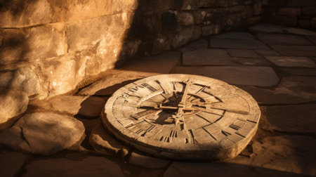 Close-up of a clock on a stone wall at sunset.の素材