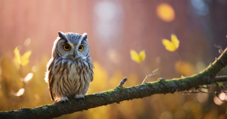 Long-eared owl (Strix nebulosa) perched on a branchの素材
