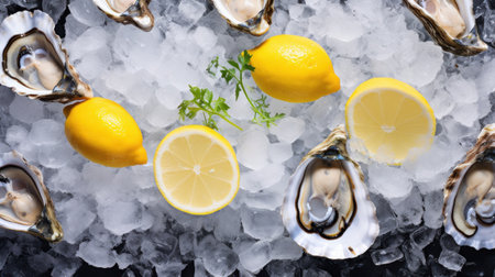 Fresh oysters with lemon and parsley on ice, top viewの素材