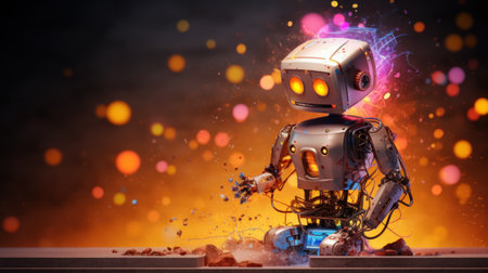 Robot breaking stone with hammer on dark background. 3d renderingの素材