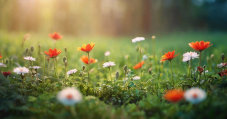 summer meadow with flowers, soft focus, bokehの素材