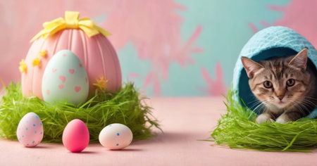 Cute kitten and easter eggs in nest on pastel backgroundの素材