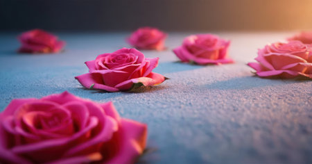Pink roses on blue background. Selective focus. Shallow depth of fieldの素材