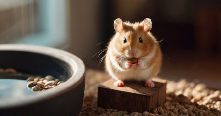 Hamster on the background of a bowl of dry food. Selective focus.の素材