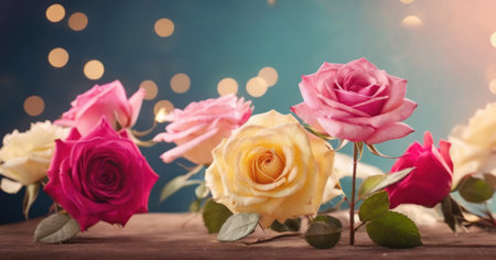Beautiful roses on wooden table with bokeh lights background.の素材