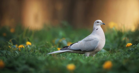 Dove on the grass with yellow flowers in the background, close-upの素材