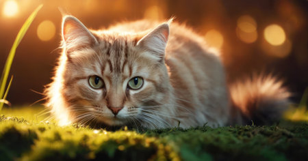 Portrait of a cat on the grass in the evening light.の素材