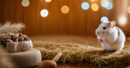 White hamster on the background of a wooden wall with a garlandの素材