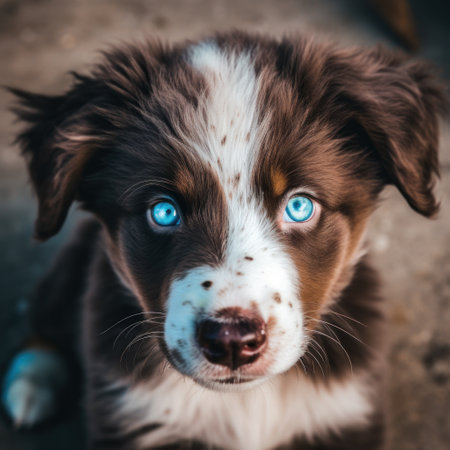 Portrait of a cute australian shepherd dog with blue eyesの素材