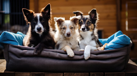 Three Border Collie puppies in a basket on a wooden background.の素材