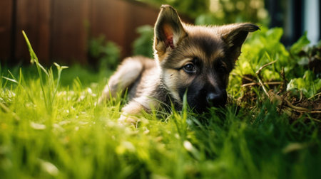 German shepherd puppy lying in the grass in the garden. Shallow depth of field.の素材