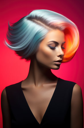 Portrait of beautiful young woman with short turquoise hair on red backgroundの素材