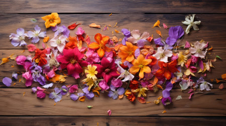 Colorful flowers and petals on wooden background. Top view.の素材