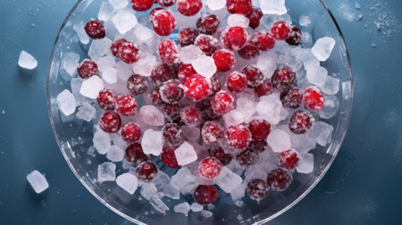 Frozen cranberries in ice cubes on blue background, top viewの素材