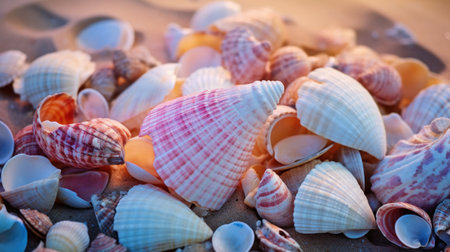 Seashells on the sand at sunset. Sea background.の素材